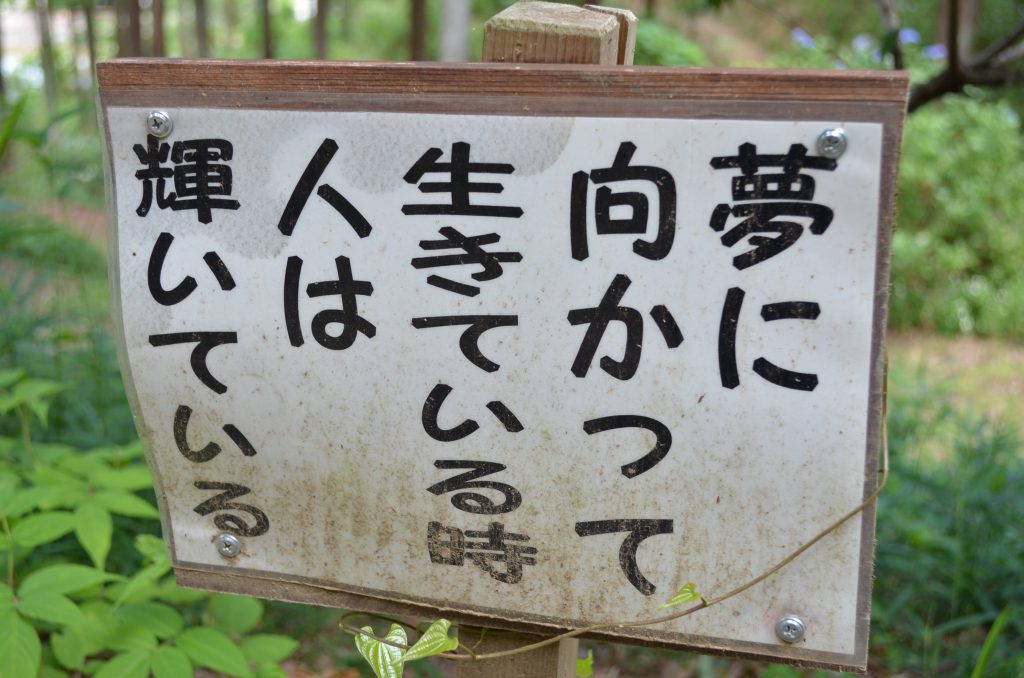 あじさい寺（金泉寺）境内に立っている有難い言葉が書かれた掲示板その２　「夢に向かって生きている時　人は輝いている」