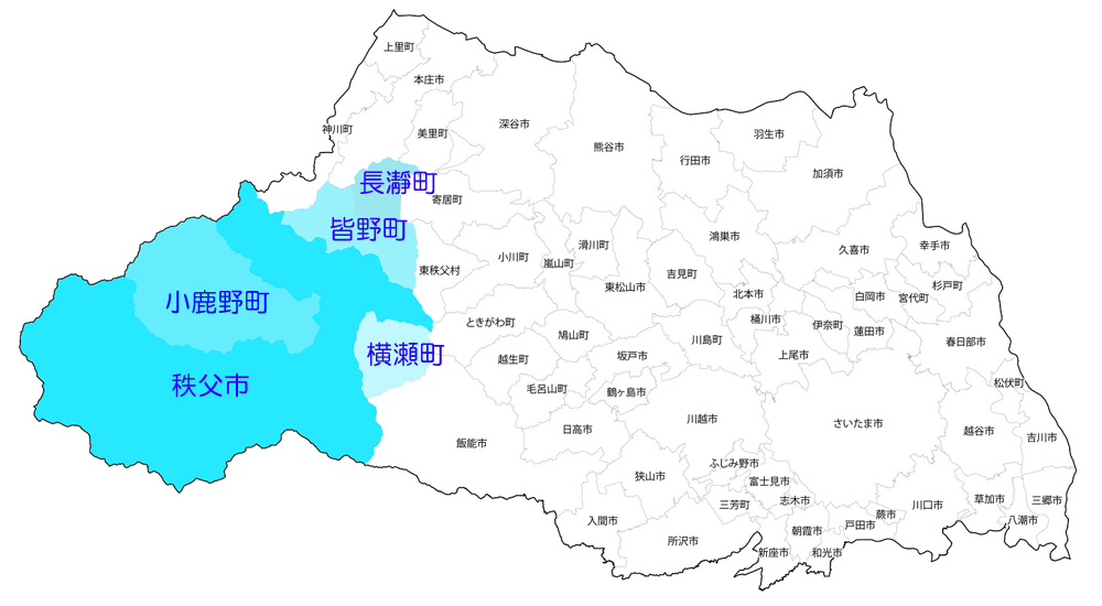 埼玉県秩父地方（秩父市、小鹿野町、横瀬町、長瀞町）の地域地図